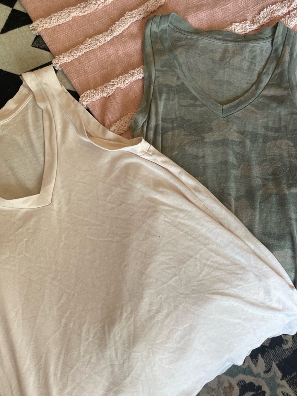 American Eagle Outfitters pink V-Neck Tank & Olive Camo V-Neck Tank
